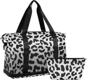 Seamless Black White Gradient Leopard Print 80s 90s Style Foldable Travel Bag, Camping Luggage bag, Portable Gym Bag, Sports Bag, Toiletry Bag with Handles Adjustable Shoulder Strap