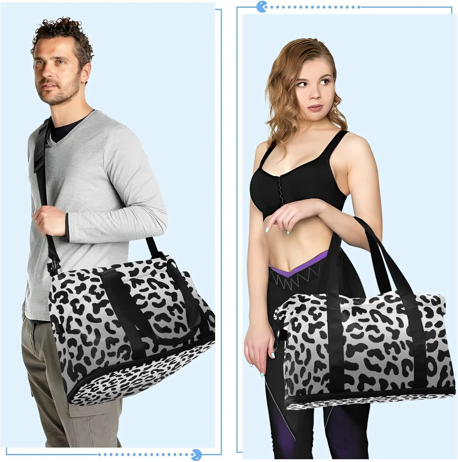 Seamless Black White Gradient Leopard Print 80s 90s Style Foldable Travel Bag, Camping Luggage bag, Portable Gym Bag, Sports Bag, Toiletry Bag with Handles Adjustable Shoulder Strap