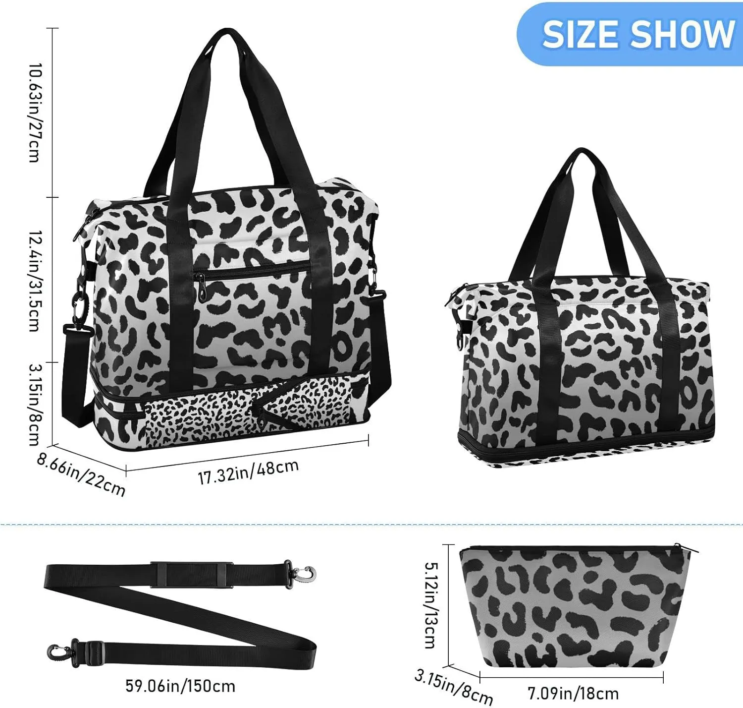 Seamless Black White Gradient Leopard Print 80s 90s Style Foldable Travel Bag, Camping Luggage bag, Portable Gym Bag, Sports Bag, Toiletry Bag with Handles Adjustable Shoulder Strap