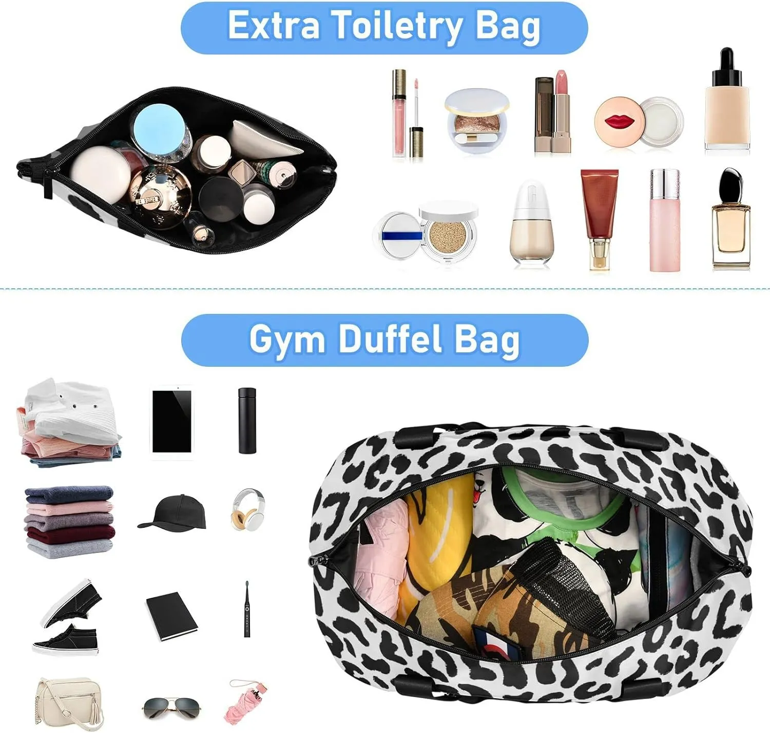 Seamless Black White Gradient Leopard Print 80s 90s Style Foldable Travel Bag, Camping Luggage bag, Portable Gym Bag, Sports Bag, Toiletry Bag with Handles Adjustable Shoulder Strap