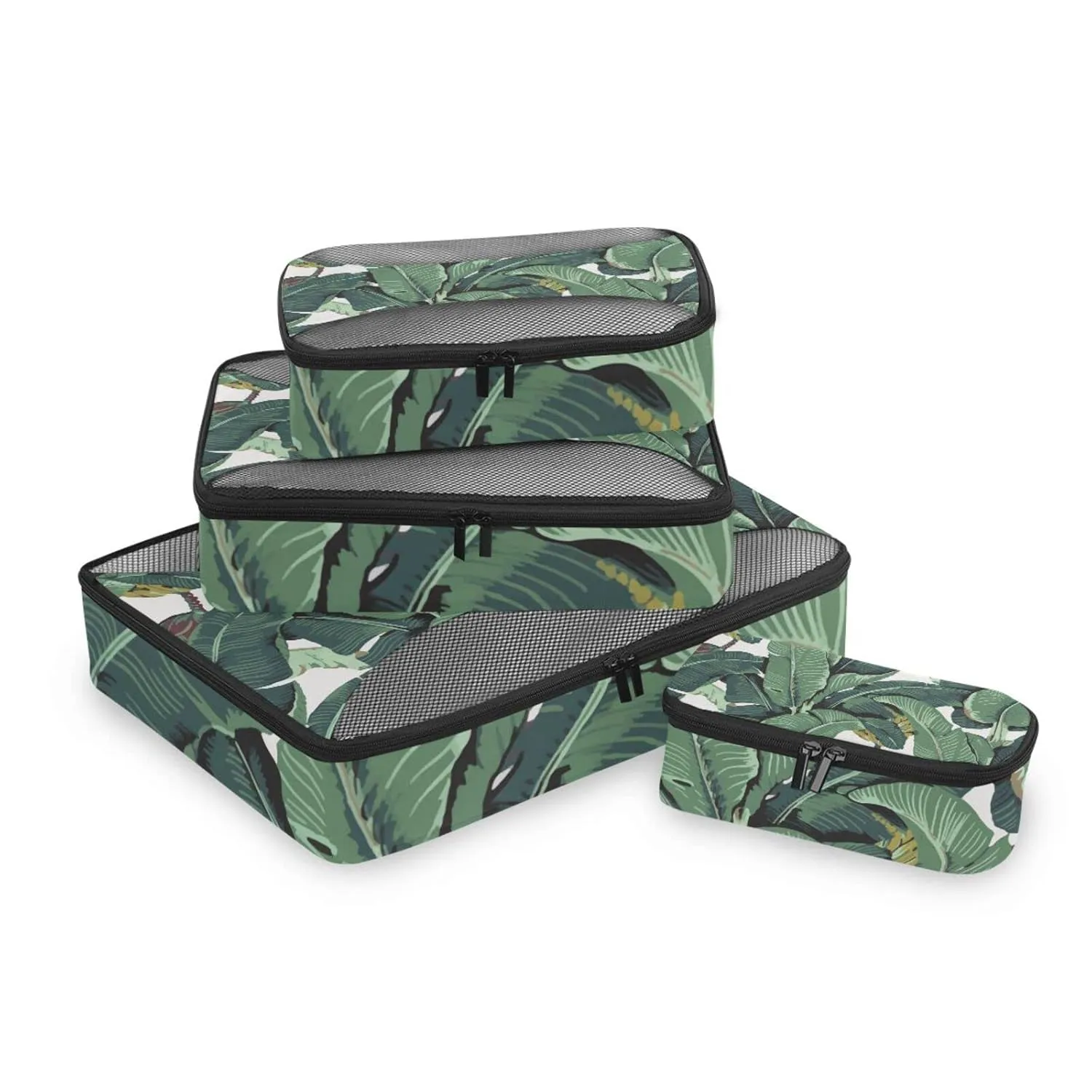 Seamless Old Green Hotel Banana Leaves on White Pattern 4 Set Packing Cubes, Travel Packing Organizers, 600D Oxford Cloth Toiletry Storage Bag, Luggage Mesh Bags for Accessories