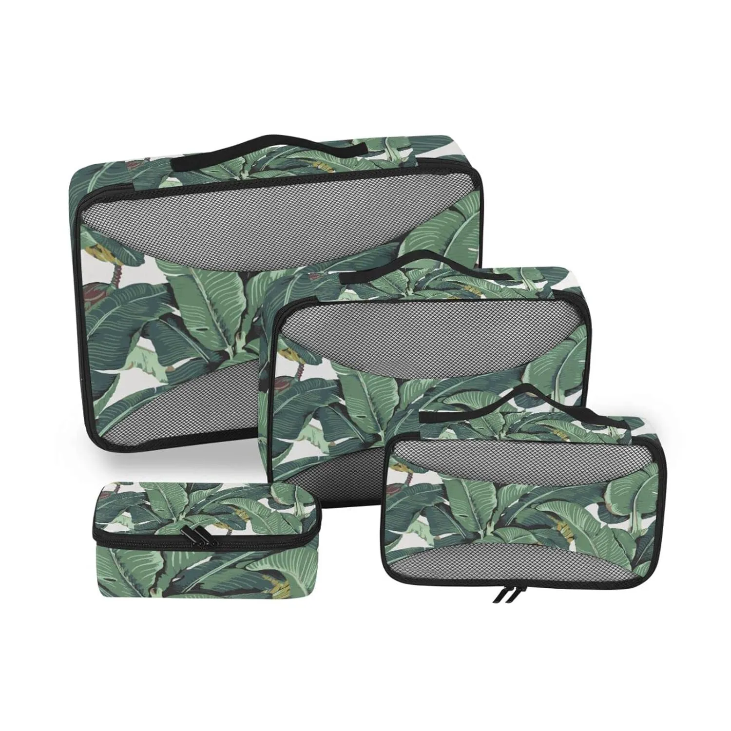 Seamless Old Green Hotel Banana Leaves on White Pattern 4 Set Packing Cubes, Travel Packing Organizers, 600D Oxford Cloth Toiletry Storage Bag, Luggage Mesh Bags for Accessories