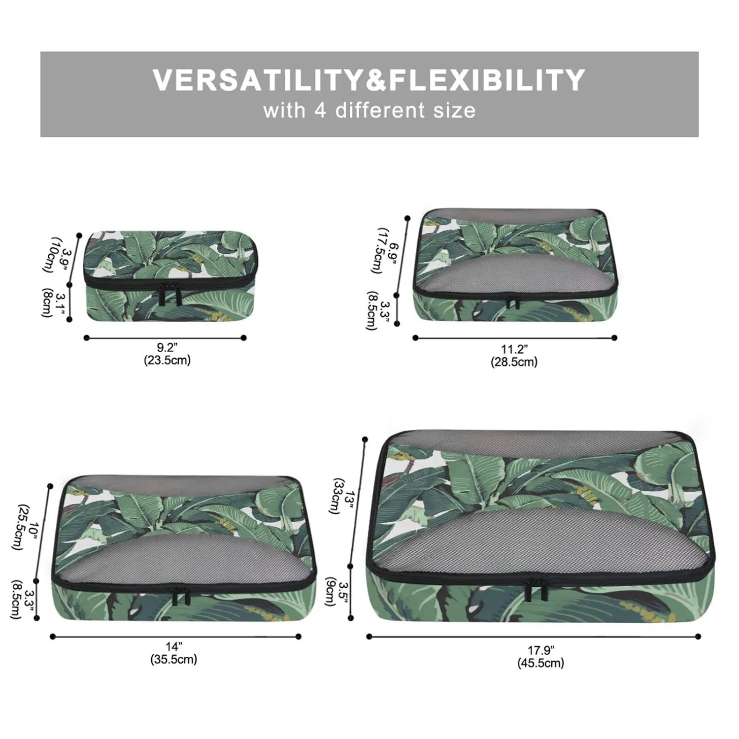 Seamless Old Green Hotel Banana Leaves on White Pattern 4 Set Packing Cubes, Travel Packing Organizers, 600D Oxford Cloth Toiletry Storage Bag, Luggage Mesh Bags for Accessories