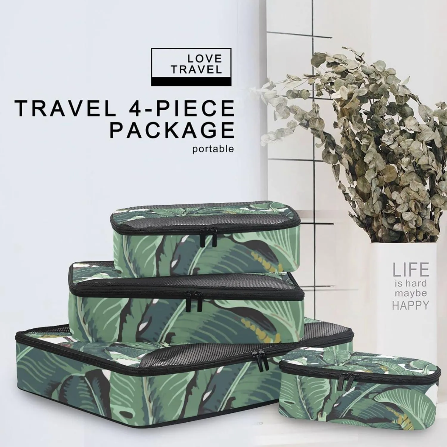 Seamless Old Green Hotel Banana Leaves on White Pattern 4 Set Packing Cubes, Travel Packing Organizers, 600D Oxford Cloth Toiletry Storage Bag, Luggage Mesh Bags for Accessories