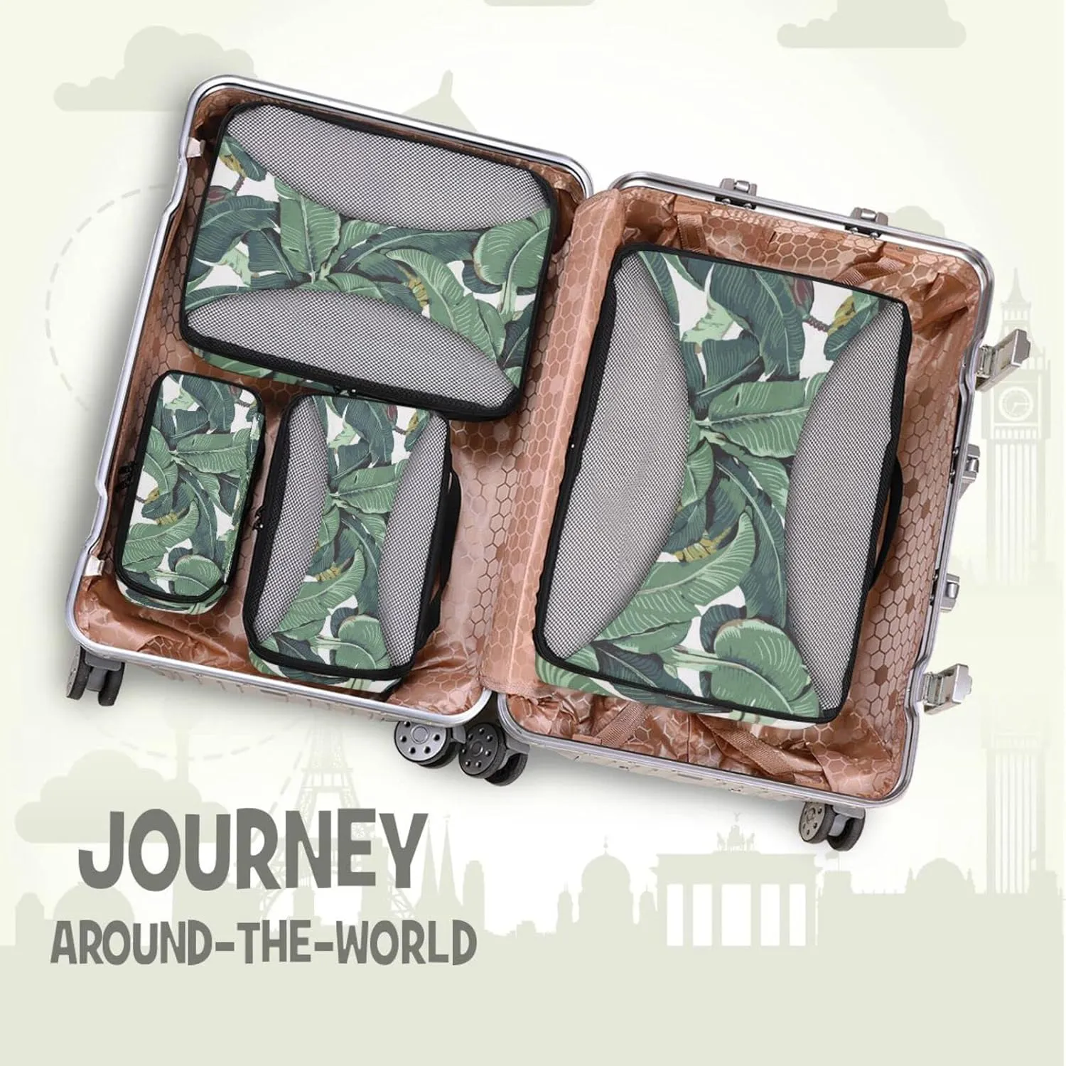 Seamless Old Green Hotel Banana Leaves on White Pattern 4 Set Packing Cubes, Travel Packing Organizers, 600D Oxford Cloth Toiletry Storage Bag, Luggage Mesh Bags for Accessories