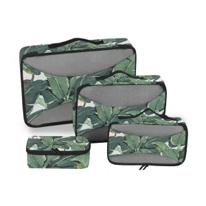 Seamless Old Green Hotel Banana Leaves on White Pattern 4 Set Packing Cubes, Travel Packing Organizers, 600D Oxford Cloth Toiletry Storage Bag, Luggage Mesh Bags for Accessories