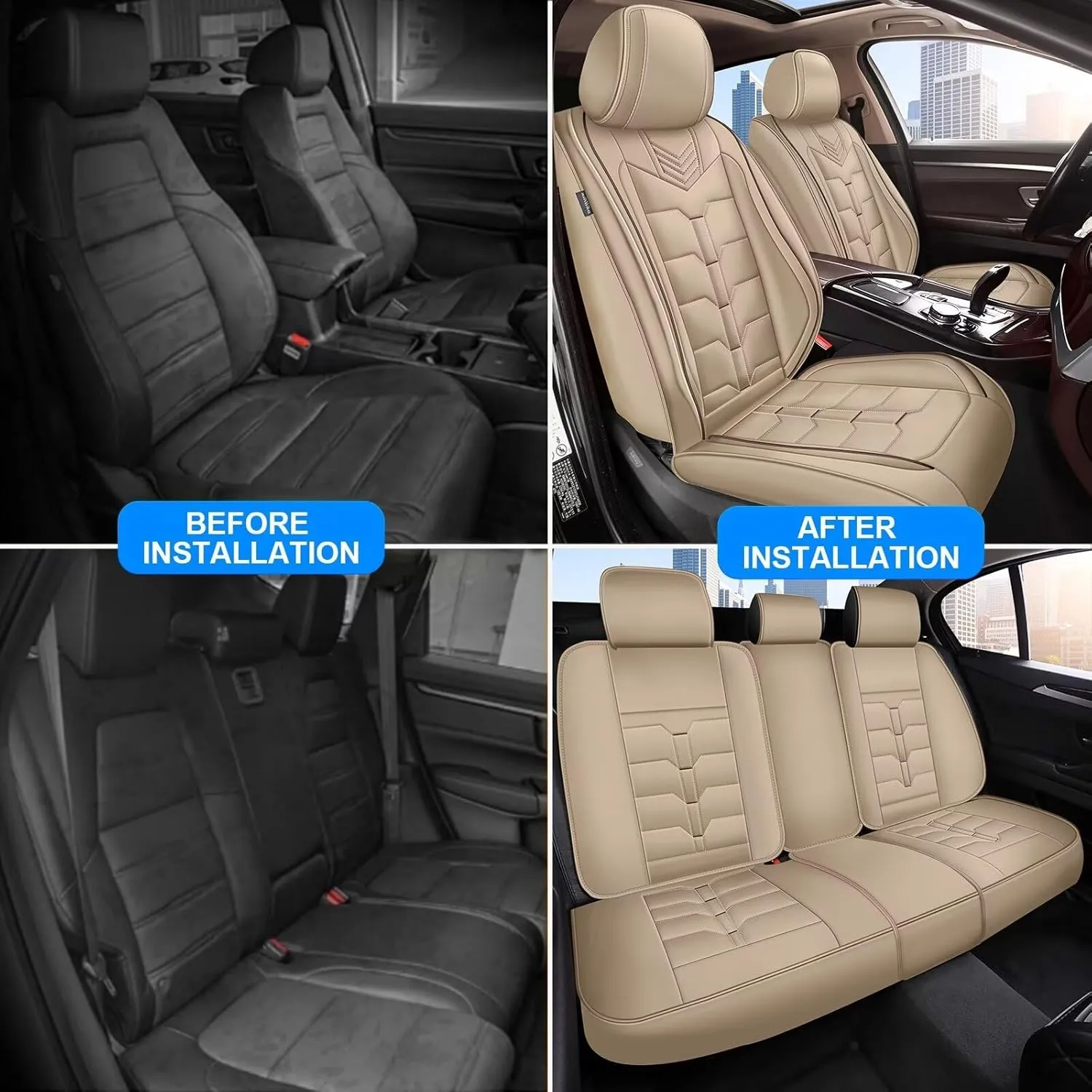 Seat Covers Fit for Nissan Sentra 2008-2025 Full Set Car Seat Cover Faux Leather Seat Cushion Waterproof Auto Protectors(Beige)-2 Rows 5 Seats
