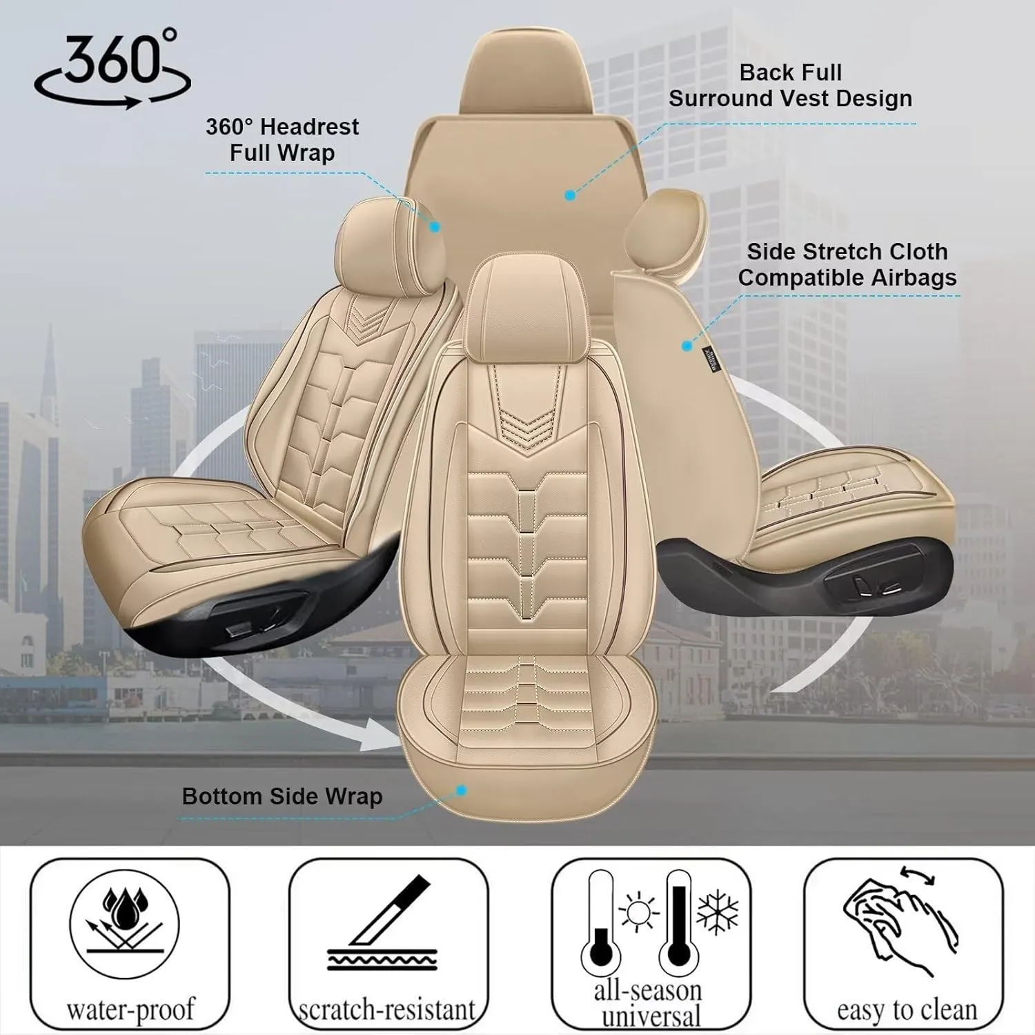 Seat Covers Fit for Nissan Sentra 2008-2025 Full Set Car Seat Cover Faux Leather Seat Cushion Waterproof Auto Protectors(Beige)-2 Rows 5 Seats