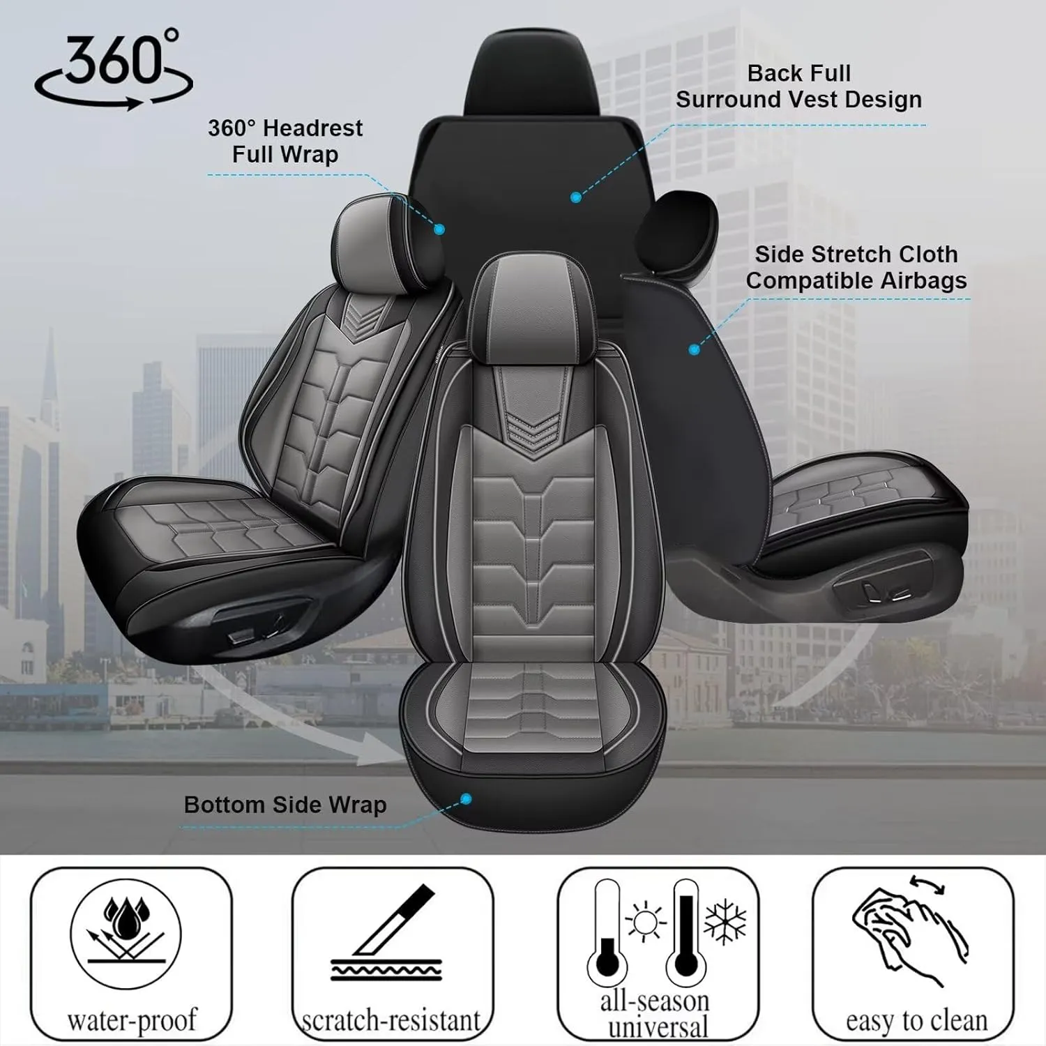 Seat Covers Fit for Nissan Sentra 2008-2025 Full Set Car Seat Cover Faux Leather Seat Cushion Waterproof Auto Protectors(Black & Grey)-2 Rows 5 Seats