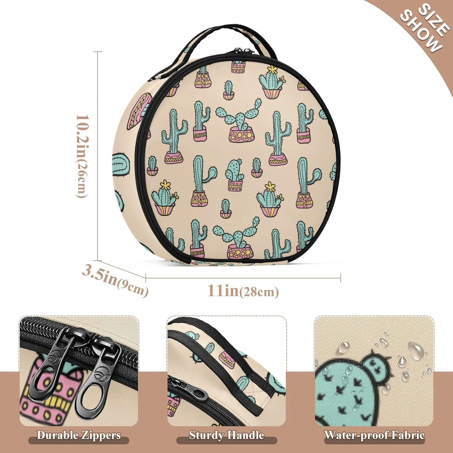 senya Round Cosmetic Pouch Travel Makeup Train Case Cactus Makeup Organizer Bag with Adjustable Dividers Portable for Cosmetics Makeup Brushes Toiletry Jewelry Accessories