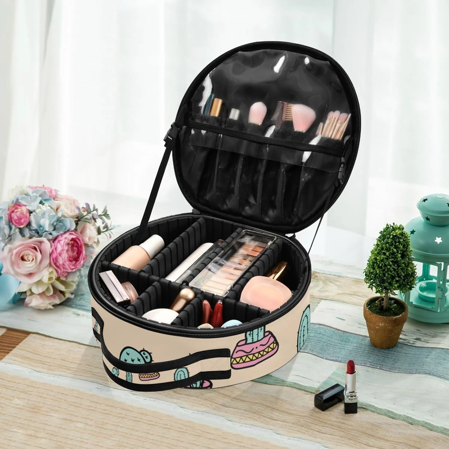senya Round Cosmetic Pouch Travel Makeup Train Case Cactus Makeup Organizer Bag with Adjustable Dividers Portable for Cosmetics Makeup Brushes Toiletry Jewelry Accessories