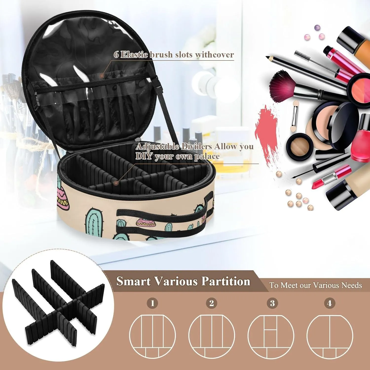 senya Round Cosmetic Pouch Travel Makeup Train Case Cactus Makeup Organizer Bag with Adjustable Dividers Portable for Cosmetics Makeup Brushes Toiletry Jewelry Accessories