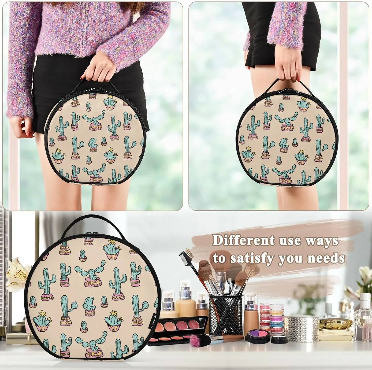 senya Round Cosmetic Pouch Travel Makeup Train Case Cactus Makeup Organizer Bag with Adjustable Dividers Portable for Cosmetics Makeup Brushes Toiletry Jewelry Accessories