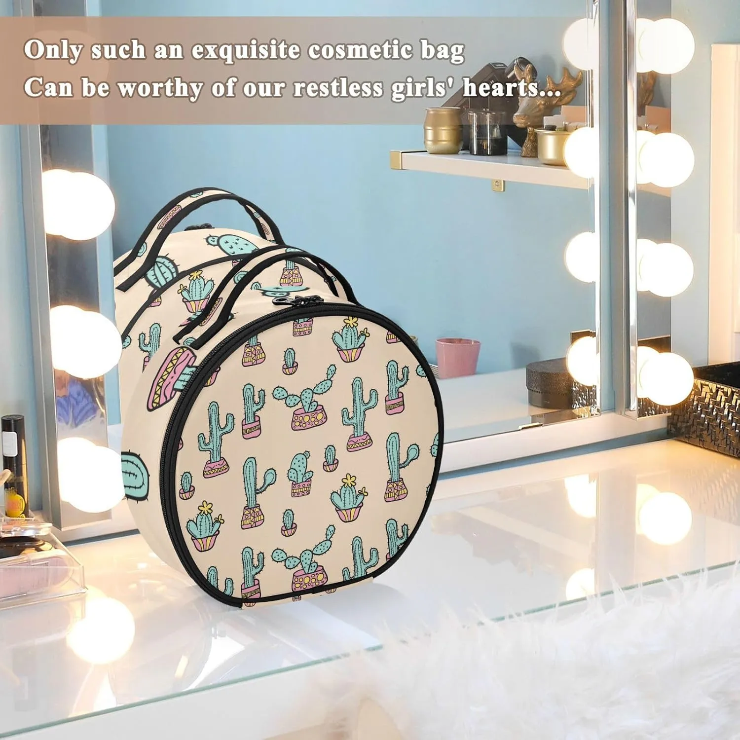 senya Round Cosmetic Pouch Travel Makeup Train Case Cactus Makeup Organizer Bag with Adjustable Dividers Portable for Cosmetics Makeup Brushes Toiletry Jewelry Accessories