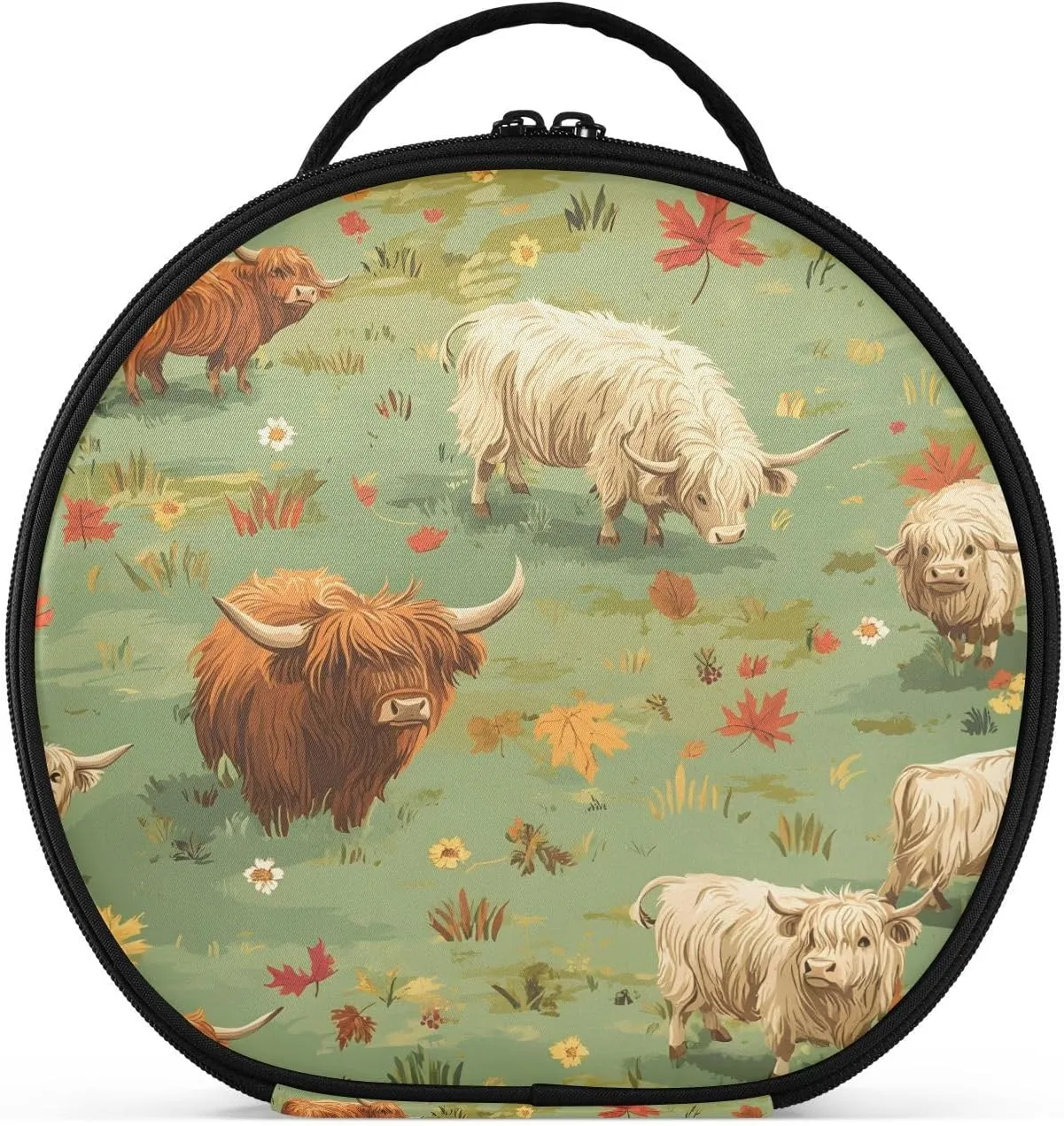 senya Round Cosmetic Pouch Travel Makeup Train Case Organizer Bag Portable Makeup Brushes Toiletry Jewelry Accessories Highland Cattle Meadow Pattern