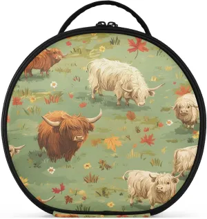 senya Round Cosmetic Pouch Travel Makeup Train Case Organizer Bag Portable Makeup Brushes Toiletry Jewelry Accessories Highland Cattle Meadow Pattern
