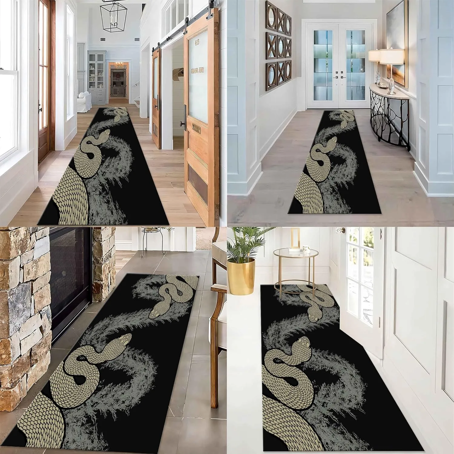 Serpent Decor Area Rug, 1.3x7ft, A Black and White Intertwined Snake Pattern Printed Runner Carpet with Modern Flowers, Non Slip Low Pile Indoor Mat for Boys Room Bedroom Home Office Bathroom