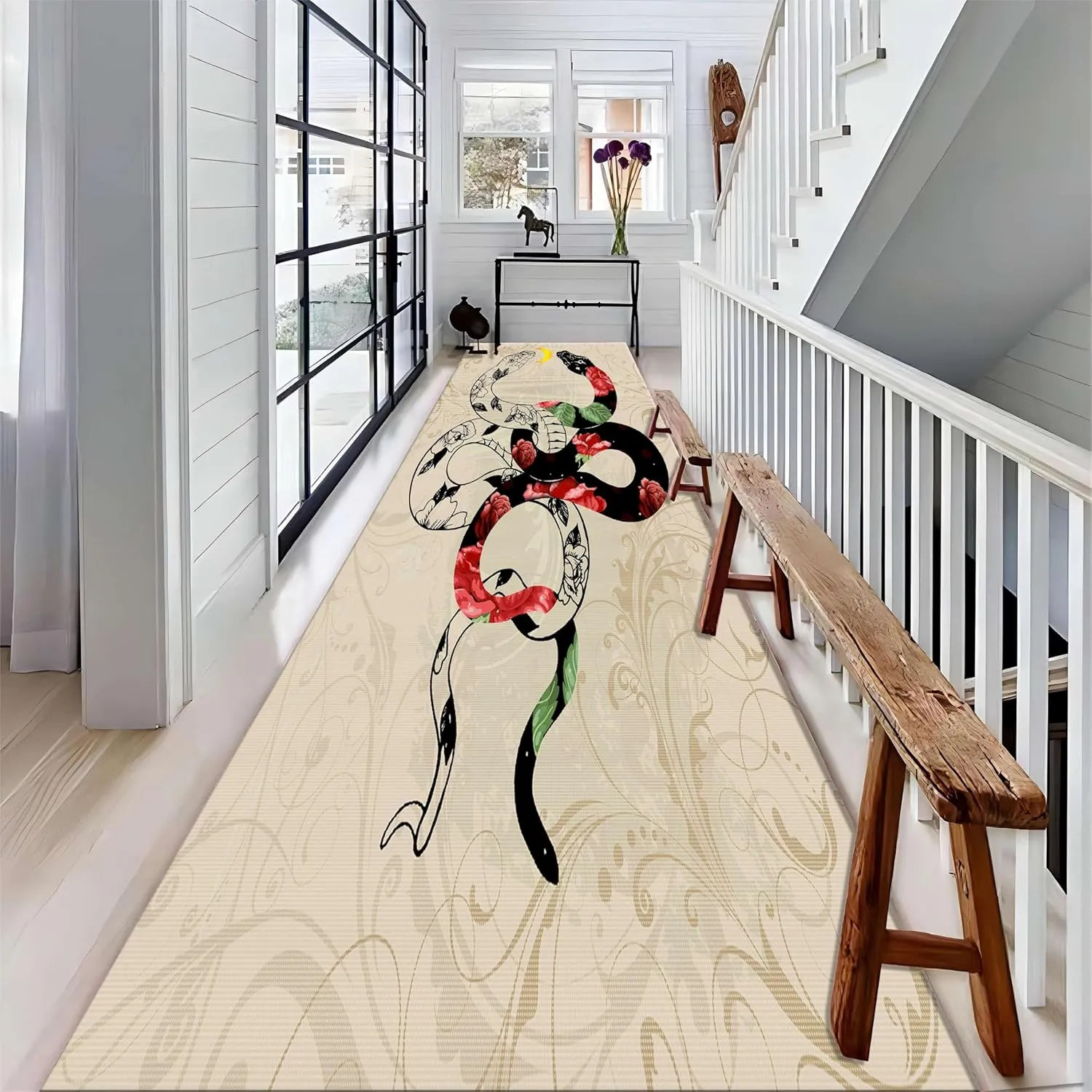 Serpent Decor Area Rug, 1.3x7ft, A Black and White Intertwined Snake Pattern Printed Runner Carpet with Modern Flowers, Non Slip Low Pile Indoor Mat for Boys Room Bedroom Home Office Bathroom