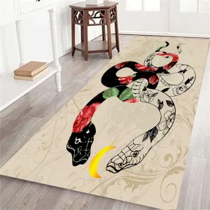 Serpent Decor Area Rug, 1.3x7ft, A Black and White Intertwined Snake Pattern Printed Runner Carpet with Modern Flowers, Non Slip Low Pile Indoor Mat for Boys Room Bedroom Home Office Bathroom