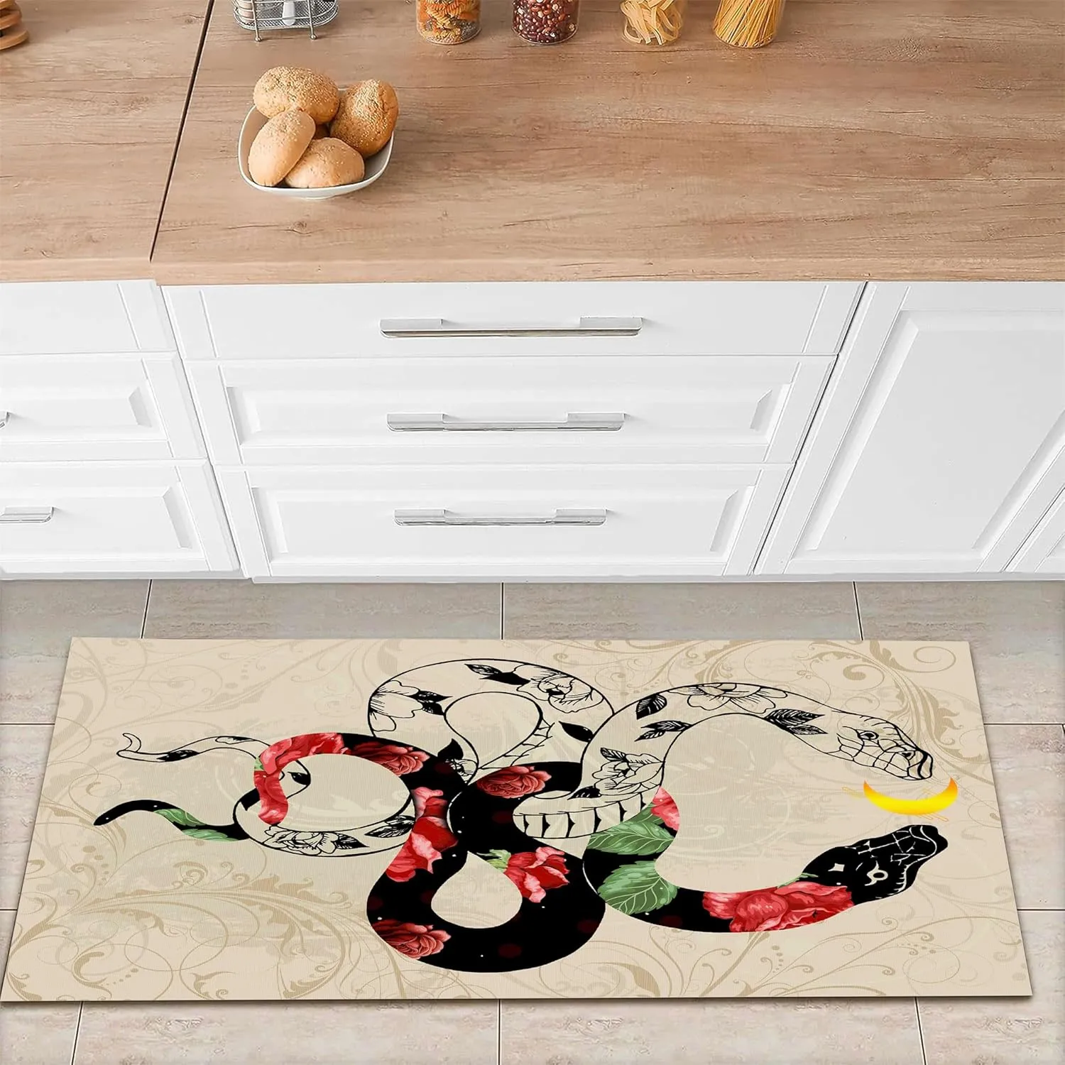 Serpent Decor Area Rug, 1.3x7ft, A Black and White Intertwined Snake Pattern Printed Runner Carpet with Modern Flowers, Non Slip Low Pile Indoor Mat for Boys Room Bedroom Home Office Bathroom
