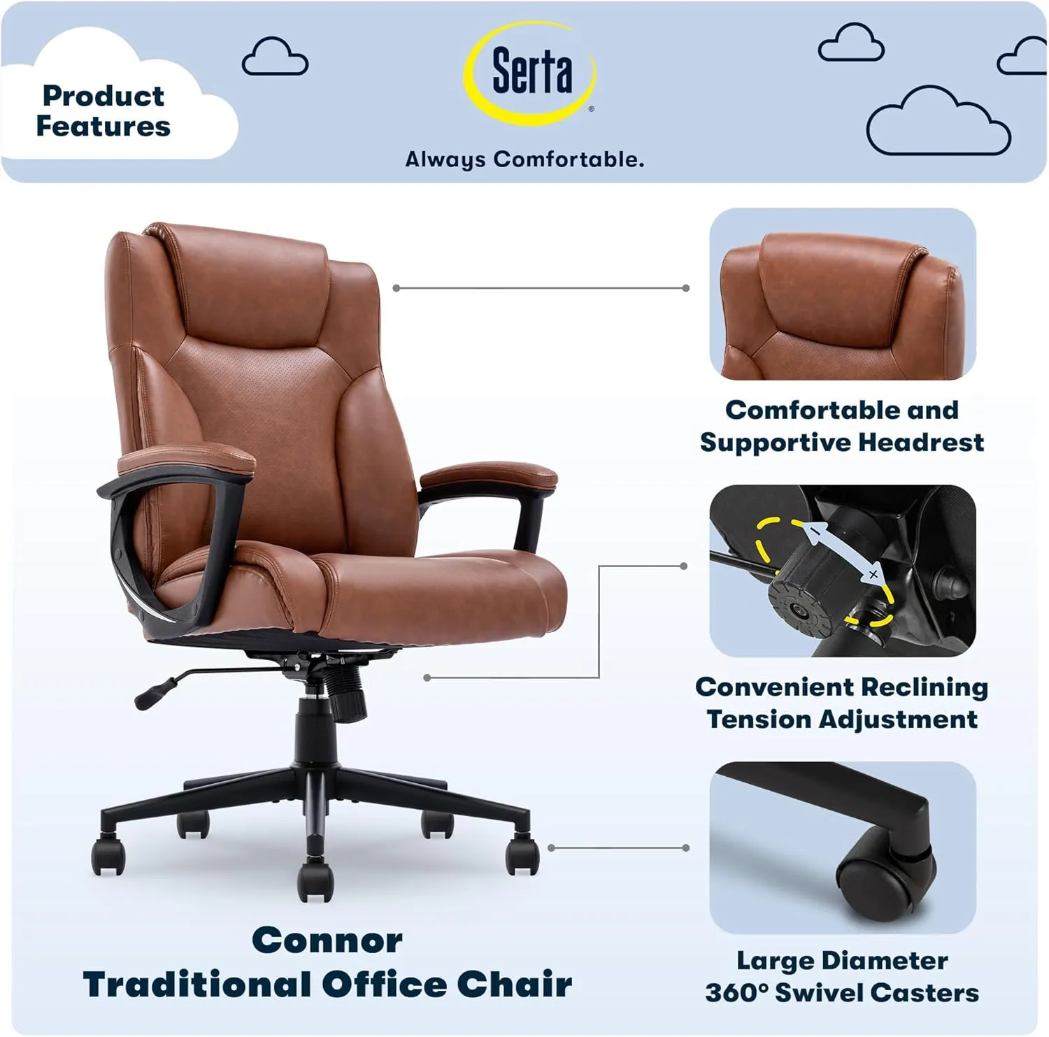 Serta Connor Executive Office Chair, Ergonomic Computer Chair with Layered Body Pillows, Contoured Lumbar, Adjustable Seat Height, Bonded Leather, Cognac