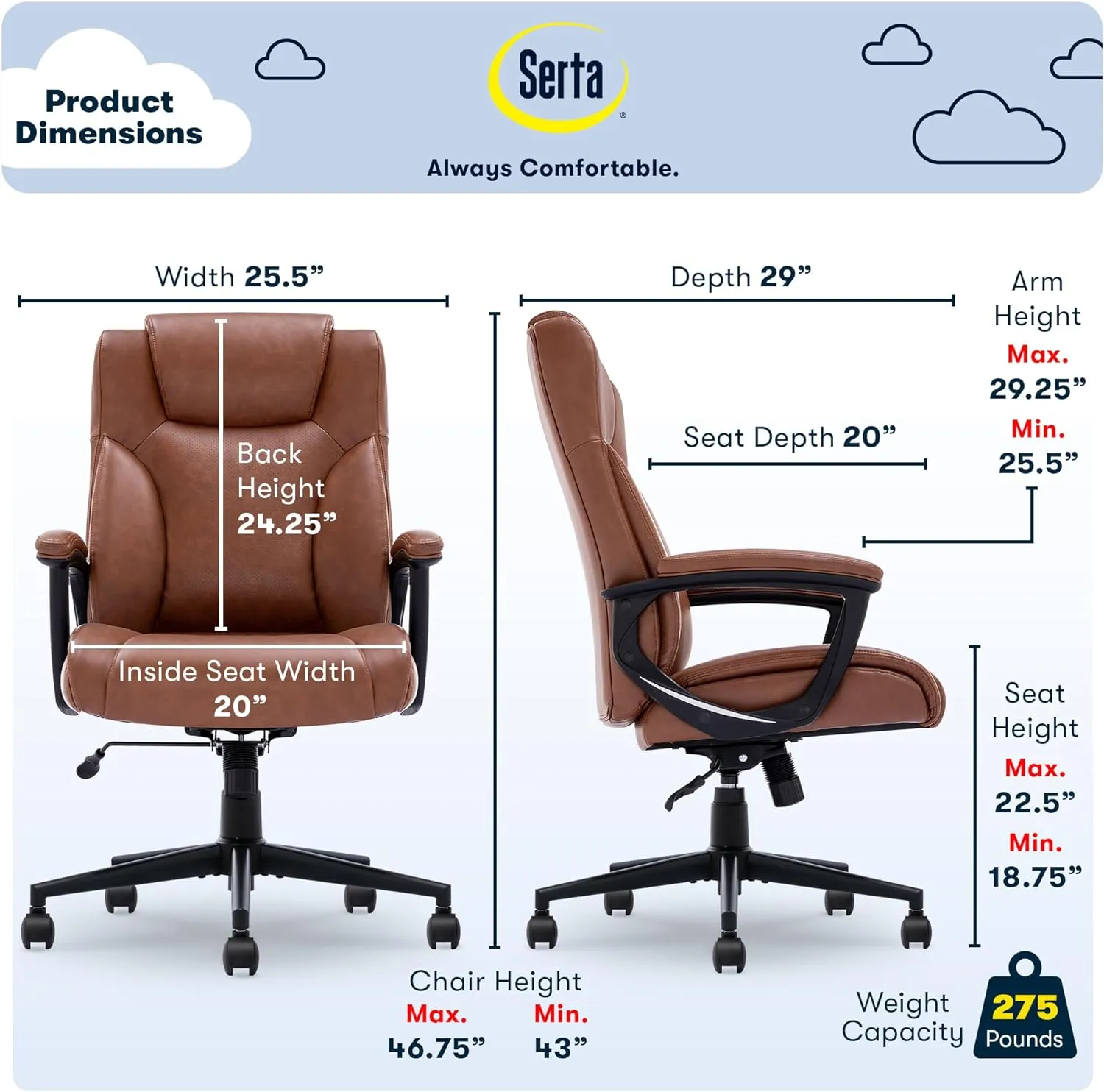 Serta Connor Executive Office Chair, Ergonomic Computer Chair with Layered Body Pillows, Contoured Lumbar, Adjustable Seat Height, Bonded Leather, Cognac