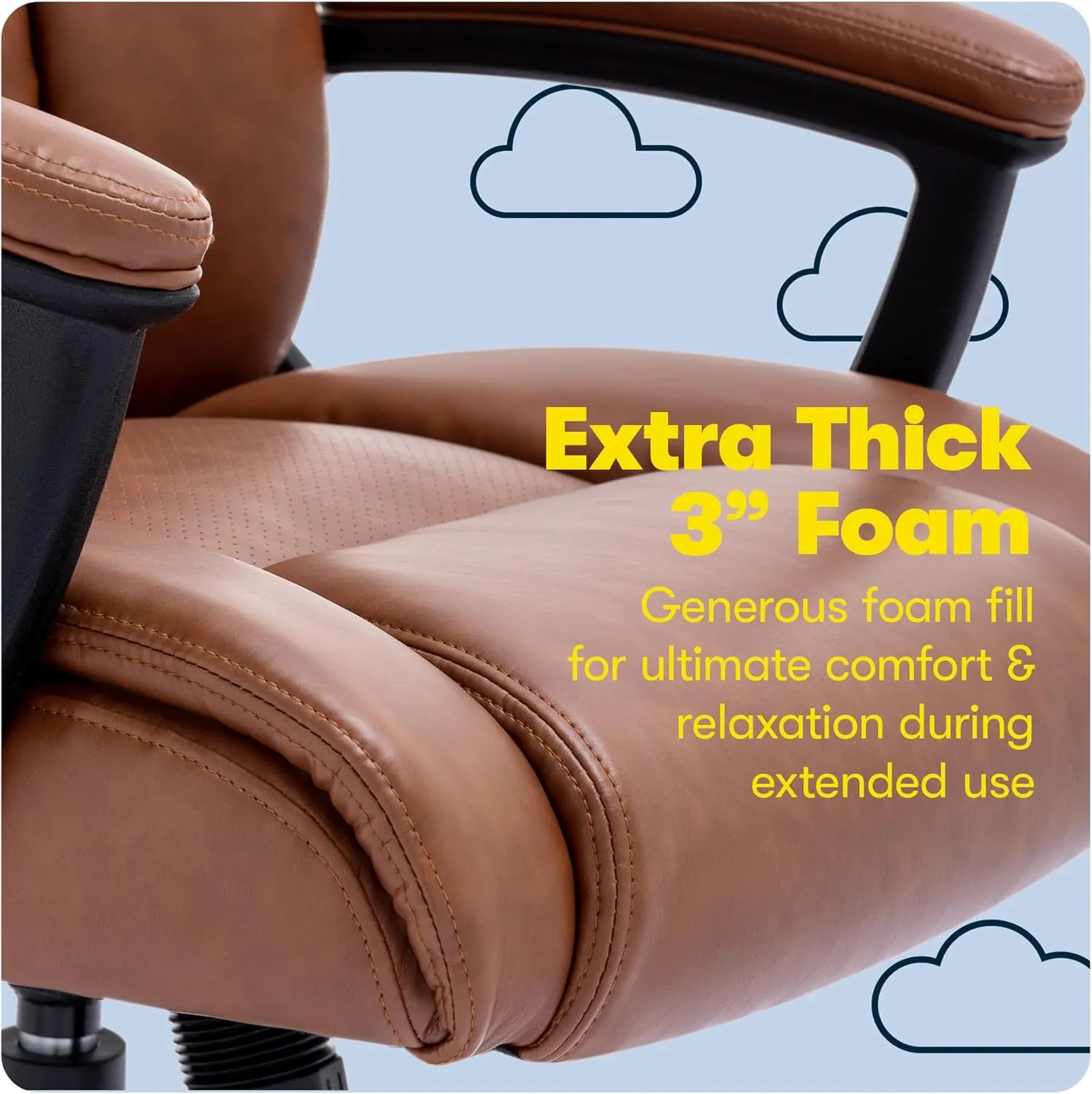 Serta Connor Executive Office Chair, Ergonomic Computer Chair with Layered Body Pillows, Contoured Lumbar, Adjustable Seat Height, Bonded Leather, Cognac