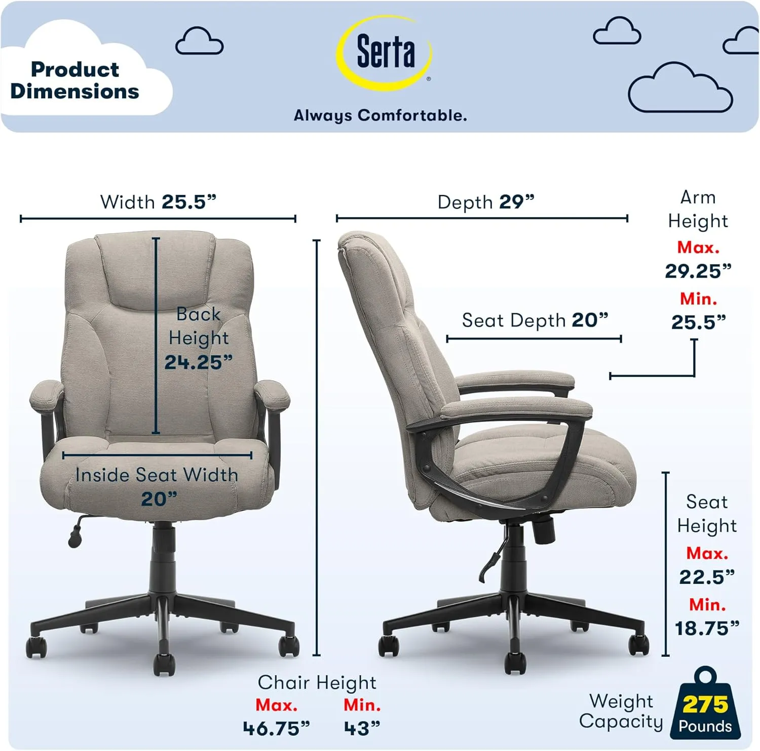 Serta Connor Executive Office, Ergonomic Computer Chair with Layered Body Pillows, Contoured Lumbar, Adjustable Seat Height, Microfiber, Gray