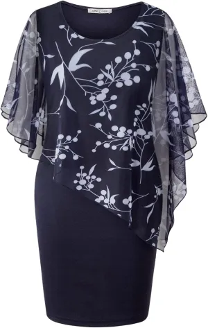 SeSe Code Women's Mesh Cape Overlay Bodycon Knee Length Pencil Dress for Wedding Guest