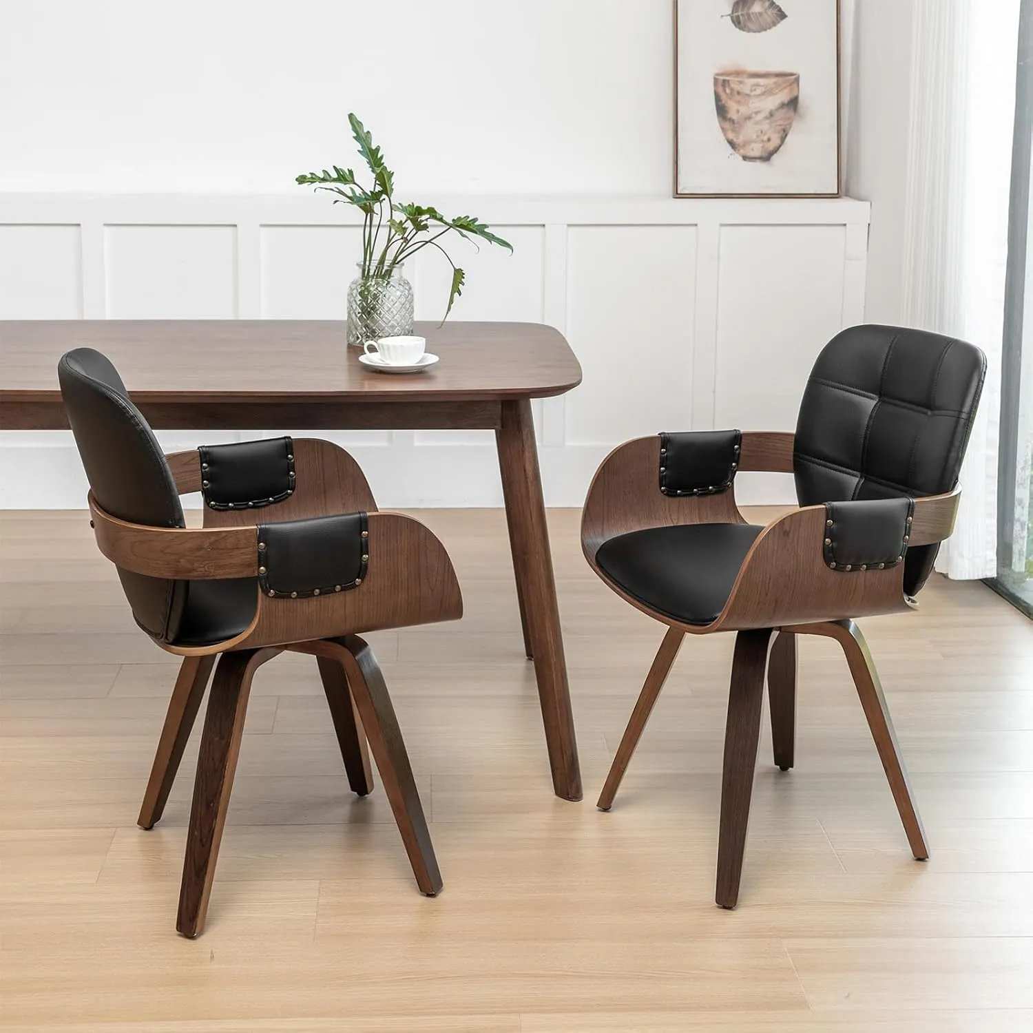 Set of 2 Mid Century Modern Chairs - Swivel Dining Chairs with Arms and Curved Back, Faux Leather Reception Room Chairs, Ideal for Kitchen/Living Room/Reception/Desk (Walnut Black)