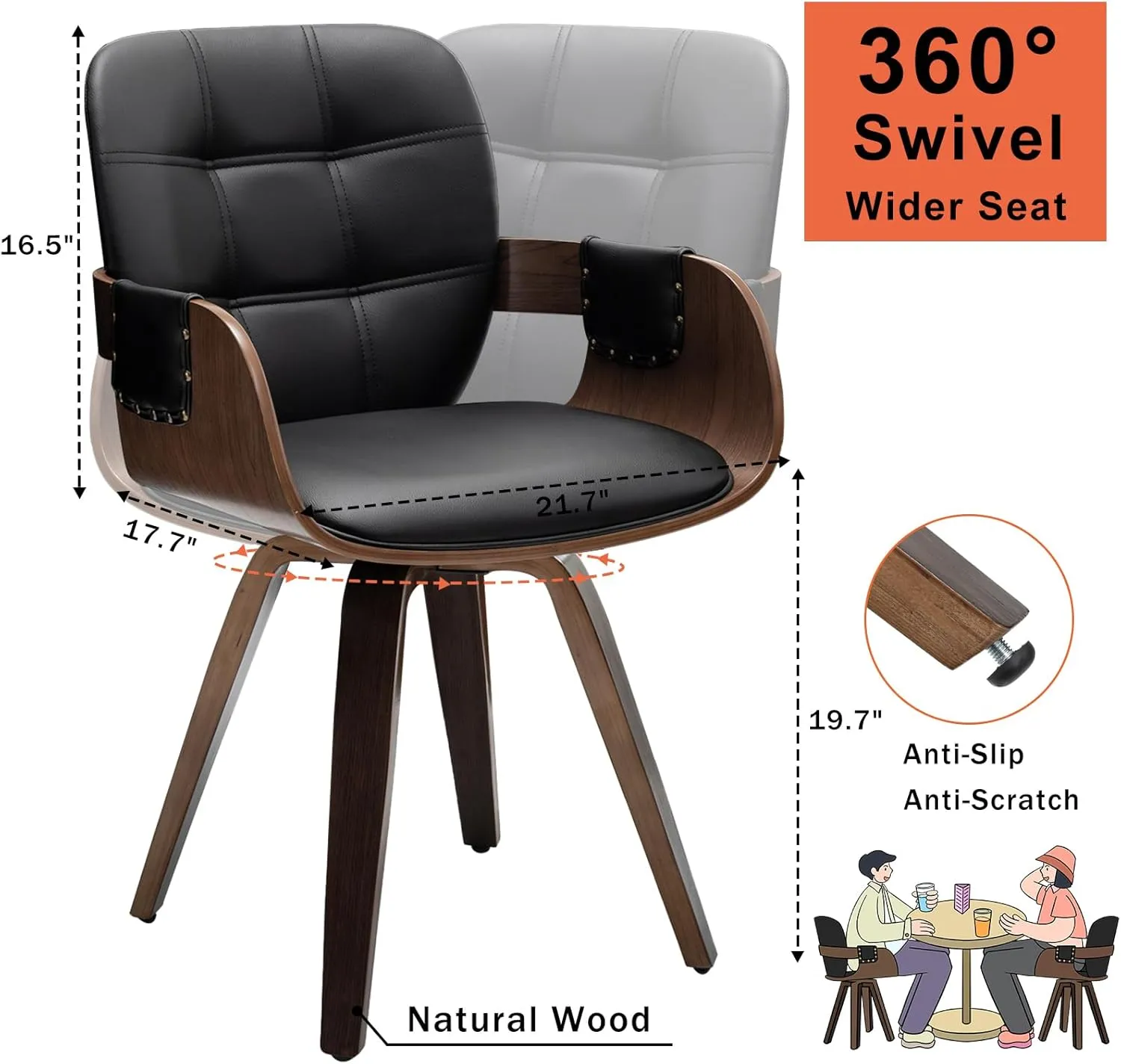 Set of 2 Mid Century Modern Chairs - Swivel Dining Chairs with Arms and Curved Back, Faux Leather Reception Room Chairs, Ideal for Kitchen/Living Room/Reception/Desk (Walnut Black)