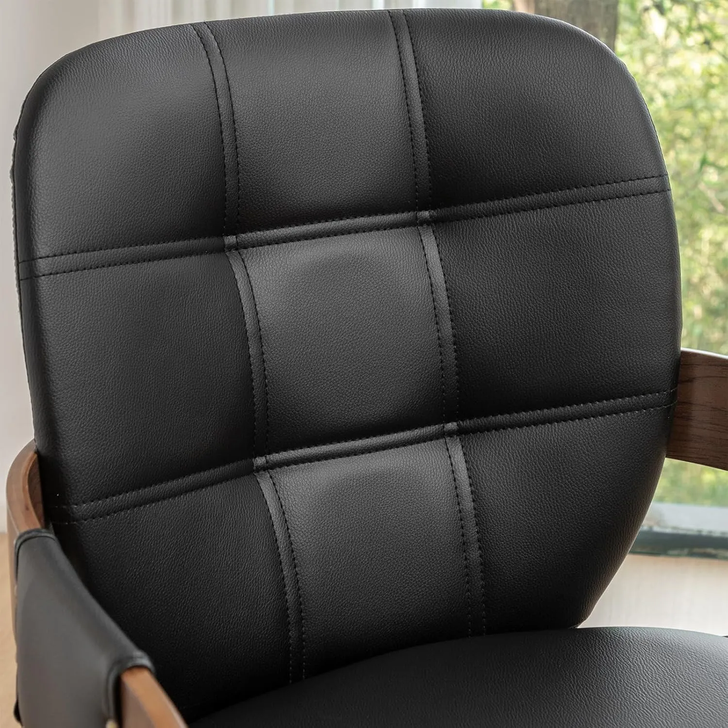 Set of 2 Mid Century Modern Chairs - Swivel Dining Chairs with Arms and Curved Back, Faux Leather Reception Room Chairs, Ideal for Kitchen/Living Room/Reception/Desk (Walnut Black)