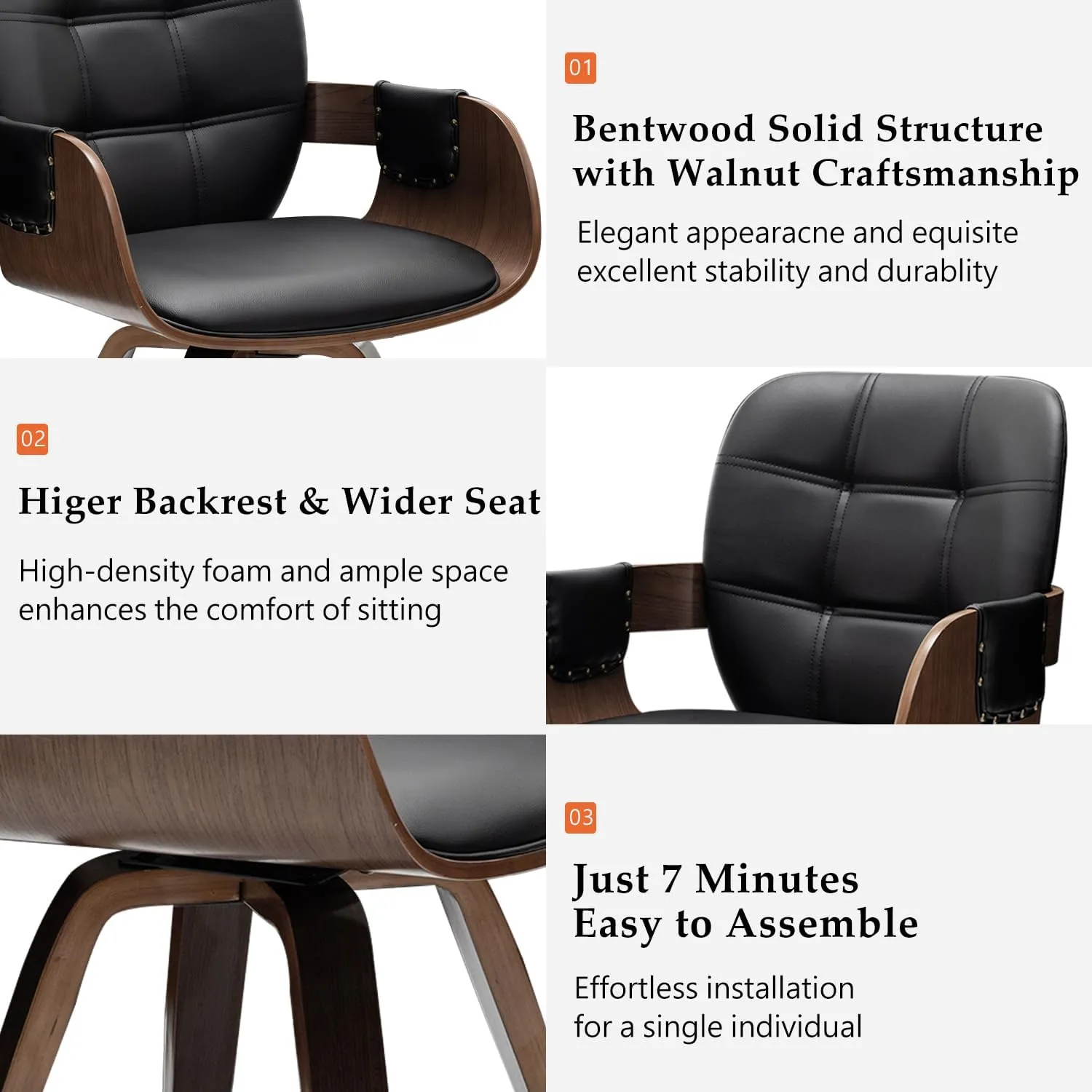 Set of 2 Mid Century Modern Chairs - Swivel Dining Chairs with Arms and Curved Back, Faux Leather Reception Room Chairs, Ideal for Kitchen/Living Room/Reception/Desk (Walnut Black)
