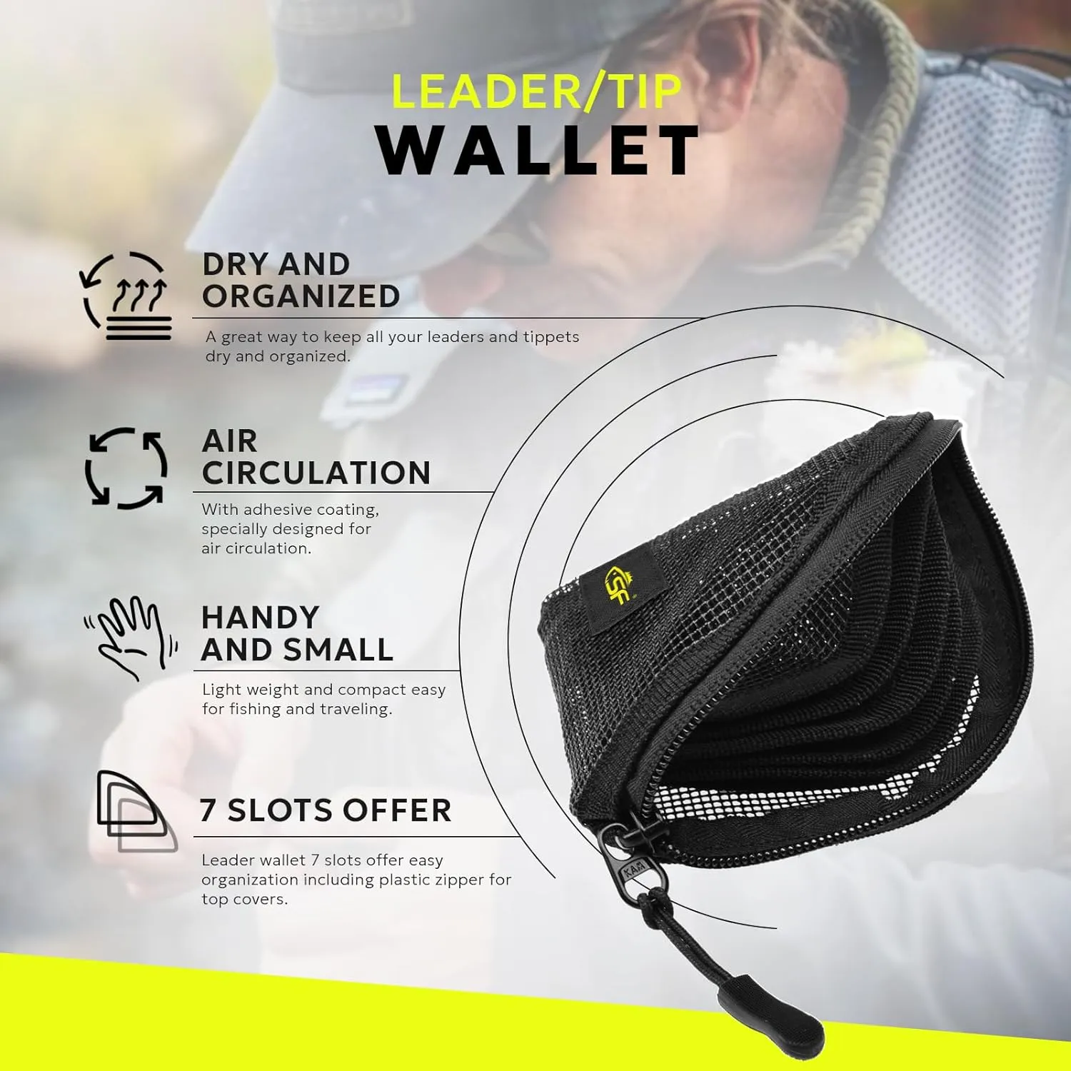SF Fly Fishing Leader Wallet 4.5'' Quick-Drying 7 Slots Black Mesh Tippet Tapered Leader Polyleader Fly Leader Pocket for Saltwater Freshwater