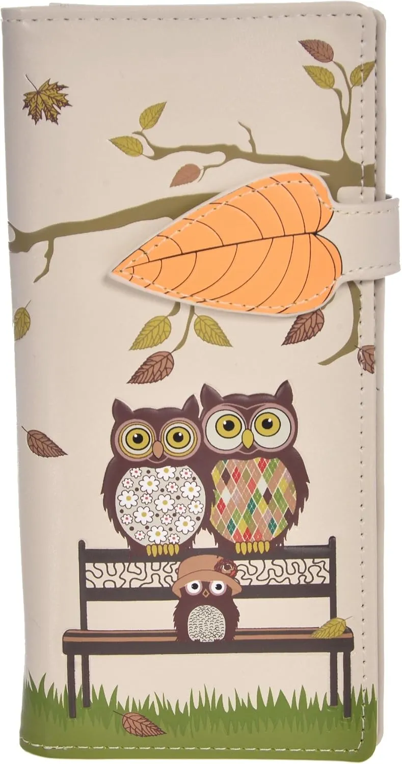 Shag Wear Women's Premium Vegan Clutch Cardholder Wallet Zipper Purse with Pretty Autumn Owl Cream