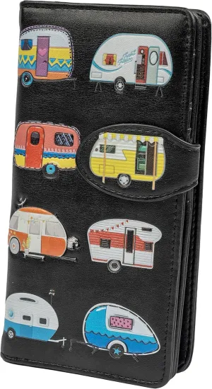 Shag Wear Women's Premium Vegan Clutch Cardholder Zipper Wallet Purse with Pretty Happy Campers, Black
