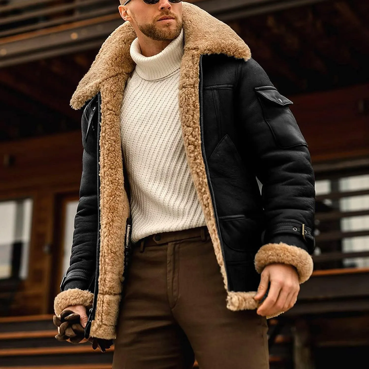 Sherpa Lined Leather Jacket Men Suede Sherpa Shearling Faux Fur Coat Stylish Winter Cargo Motor Coats Bomber Jackets