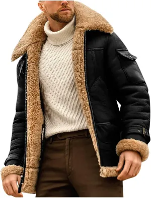 Sherpa Lined Leather Jacket Men Suede Sherpa Shearling Faux Fur Coat Stylish Winter Cargo Motor Coats Bomber Jackets