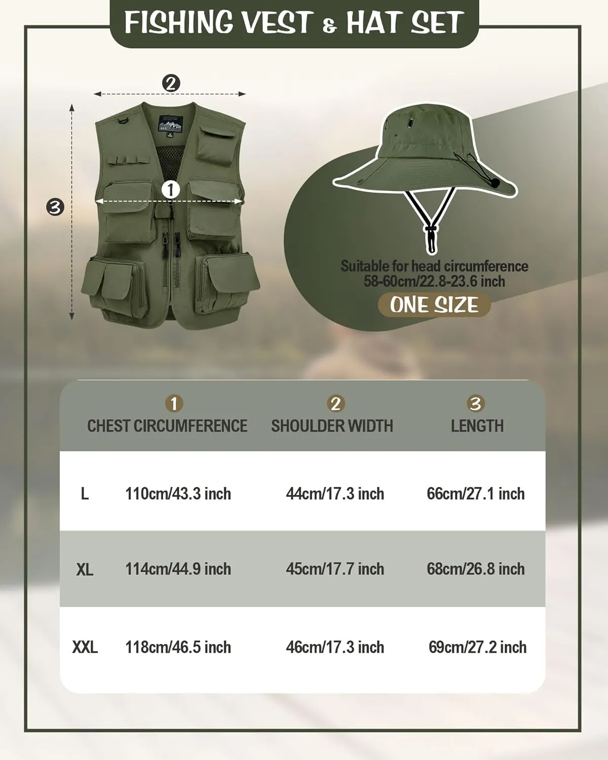 Shihanee 2 Pcs Fishing Vest and Hat for Men Multi Pocket Safari Vest Jacket for Outdoor Work Summer Travel Cargo Hunting