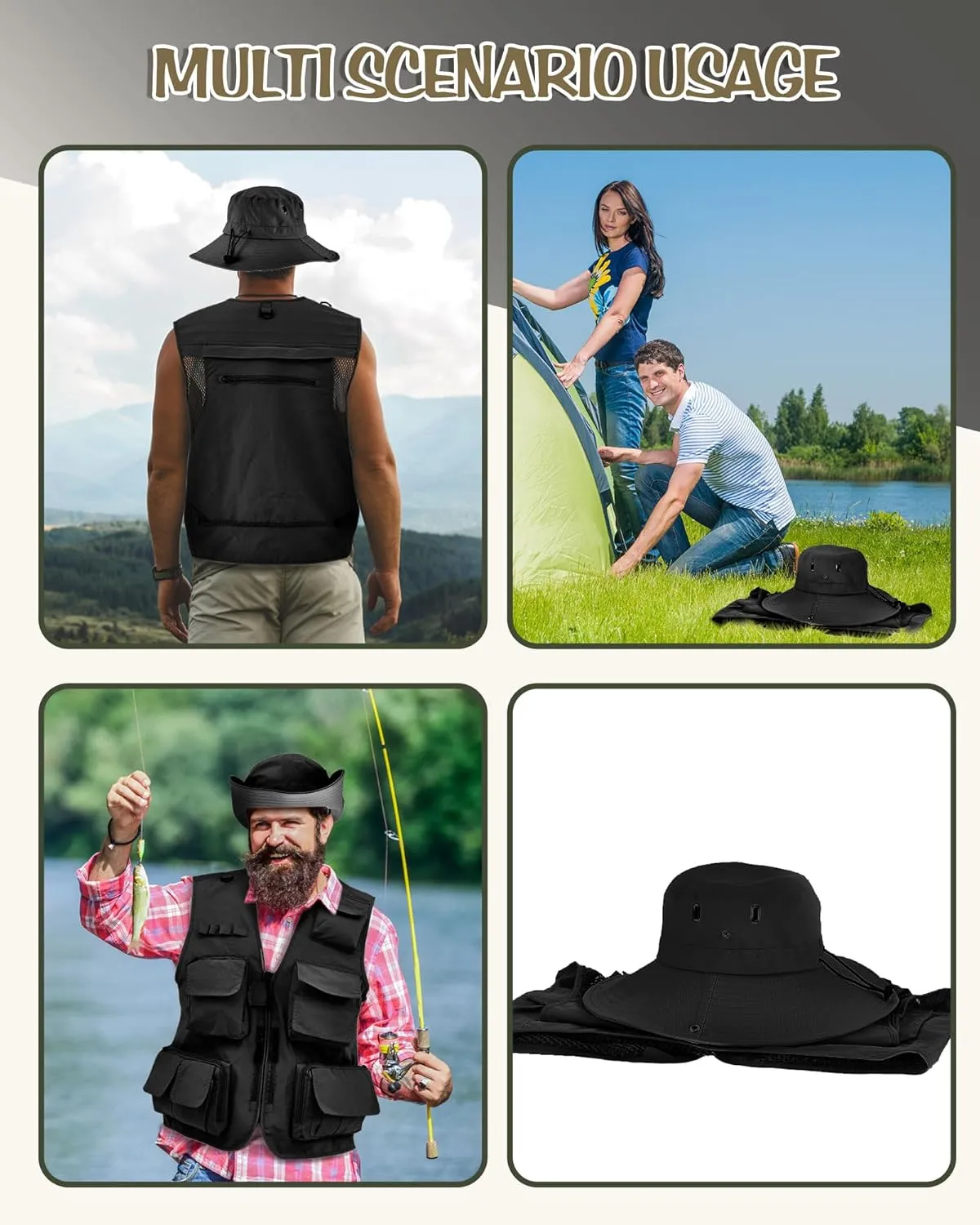 Shihanee 2 Pcs Fishing Vest and Hat for Men Multi Pocket Safari Vest Jacket for Outdoor Work Summer Travel Cargo Hunting