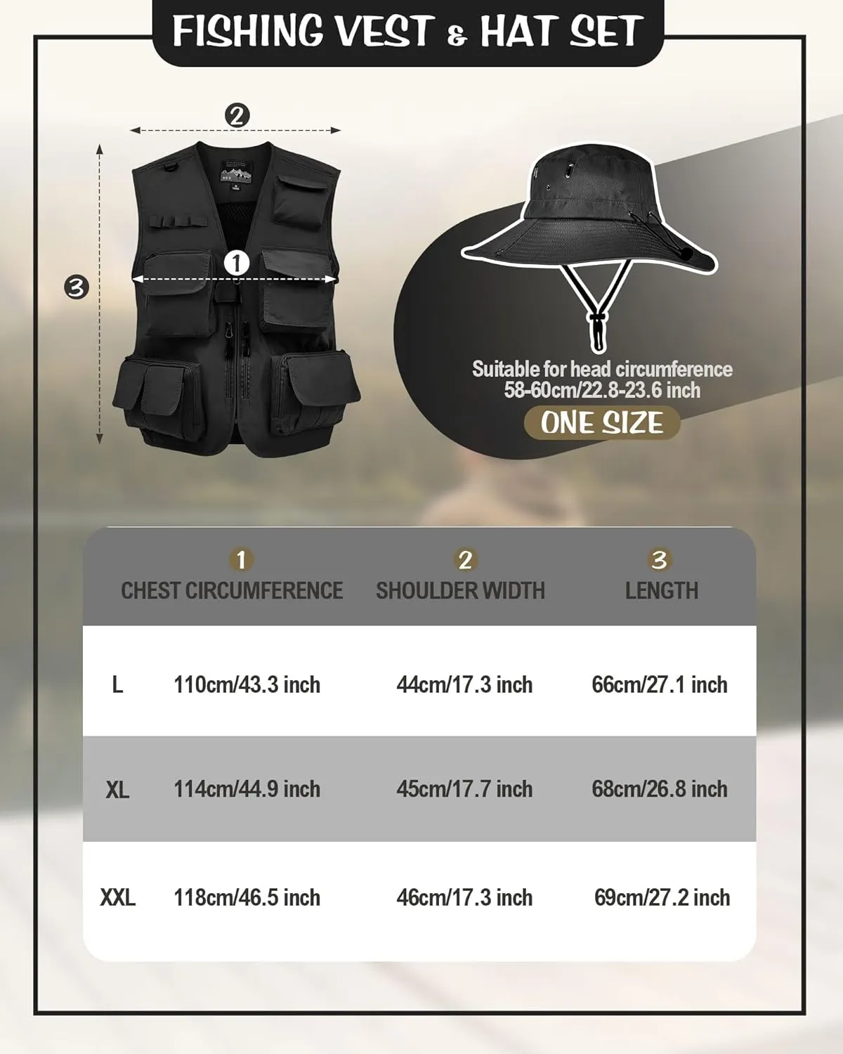 Shihanee 2 Pcs Fishing Vest and Hat for Men Multi Pocket Safari Vest Jacket for Outdoor Work Summer Travel Cargo Hunting