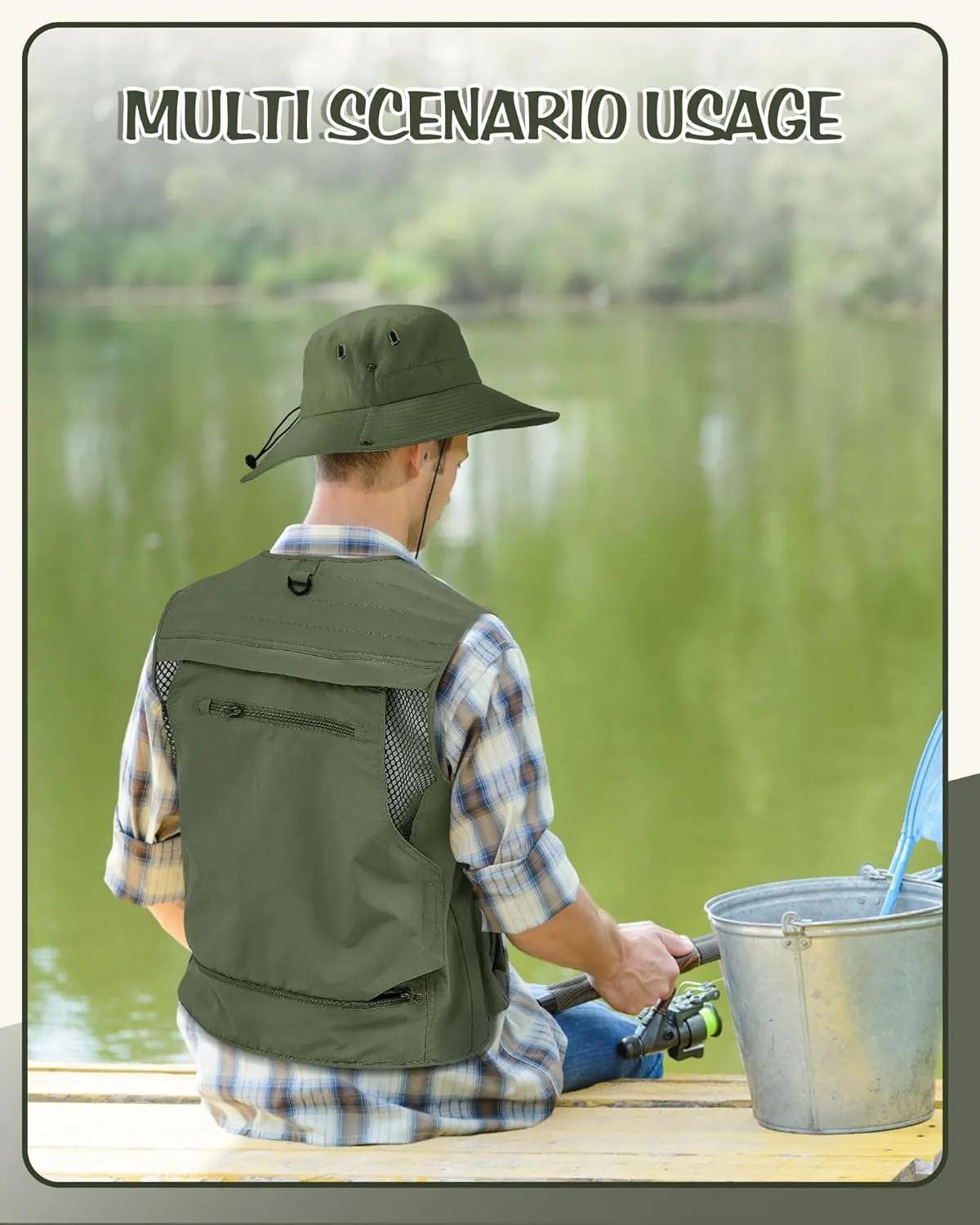 Shihanee 2 Pcs Fishing Vest and Hat for Men Multi Pocket Safari Vest Jacket for Outdoor Work Summer Travel Cargo Hunting