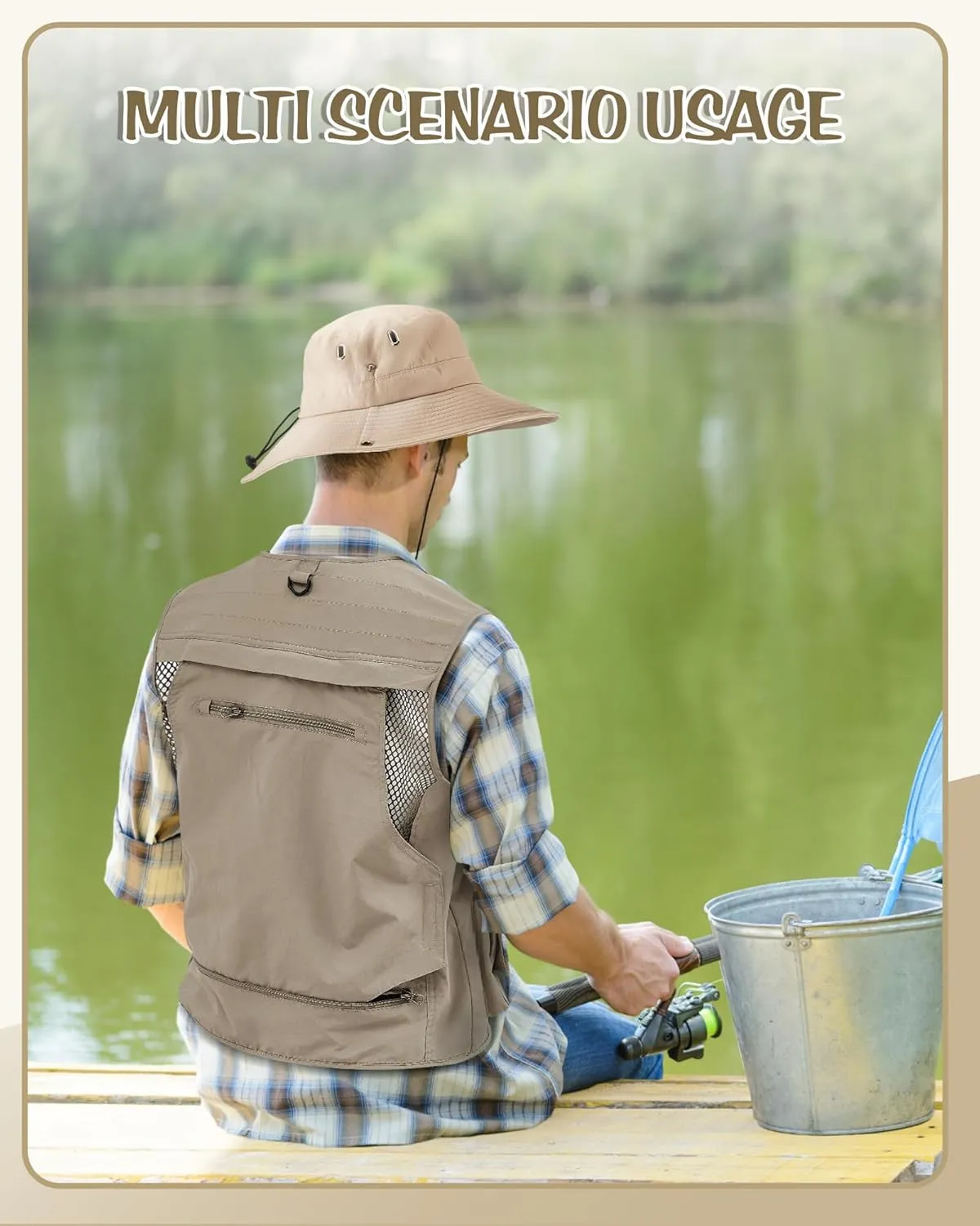 Shihanee 2 Pcs Fishing Vest and Hat for Men Multi Pocket Safari Vest Jacket for Outdoor Work Summer Travel Cargo Hunting
