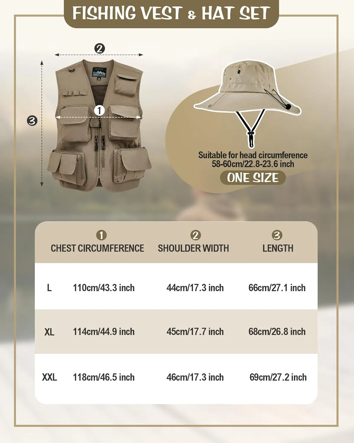 Shihanee 2 Pcs Fishing Vest and Hat for Men Multi Pocket Safari Vest Jacket for Outdoor Work Summer Travel Cargo Hunting