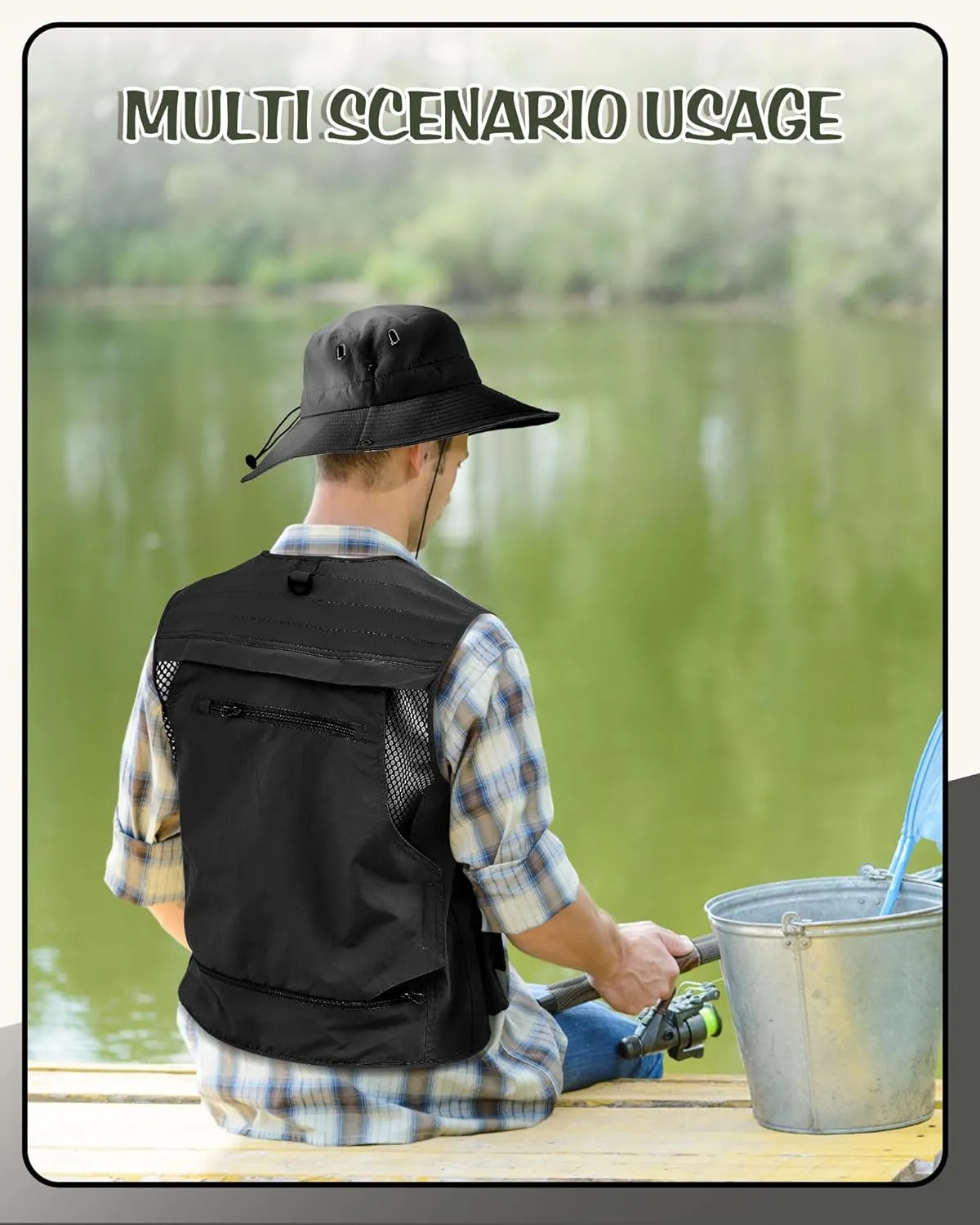 Shihanee 2 Pcs Fishing Vest and Hat for Men Multi Pocket Safari Vest Jacket for Outdoor Work Summer Travel Cargo Hunting