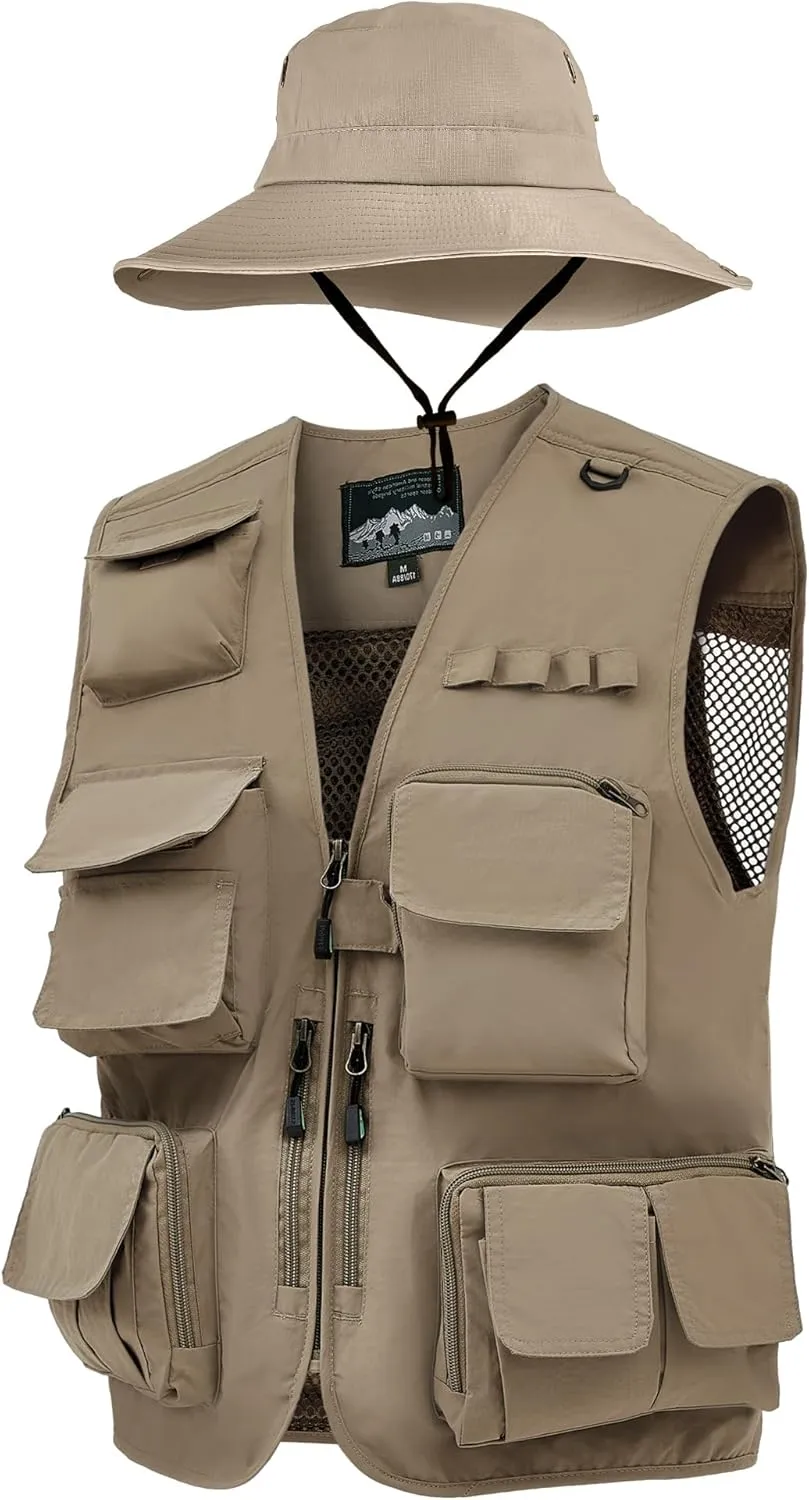Shihanee 2 Pcs Fishing Vest and Hat for Men Multi Pocket Safari Vest Jacket for Outdoor Work Summer Travel Cargo Hunting