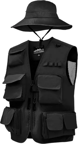 Shihanee 2 Pcs Fishing Vest and Hat for Men Multi Pocket Safari Vest Jacket for Outdoor Work Summer Travel Cargo Hunting