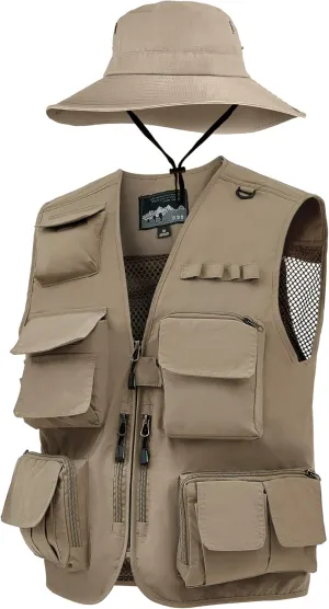 Shihanee 2 Pcs Fishing Vest and Hat for Men Multi Pocket Safari Vest Jacket for Outdoor Work Summer Travel Cargo Hunting