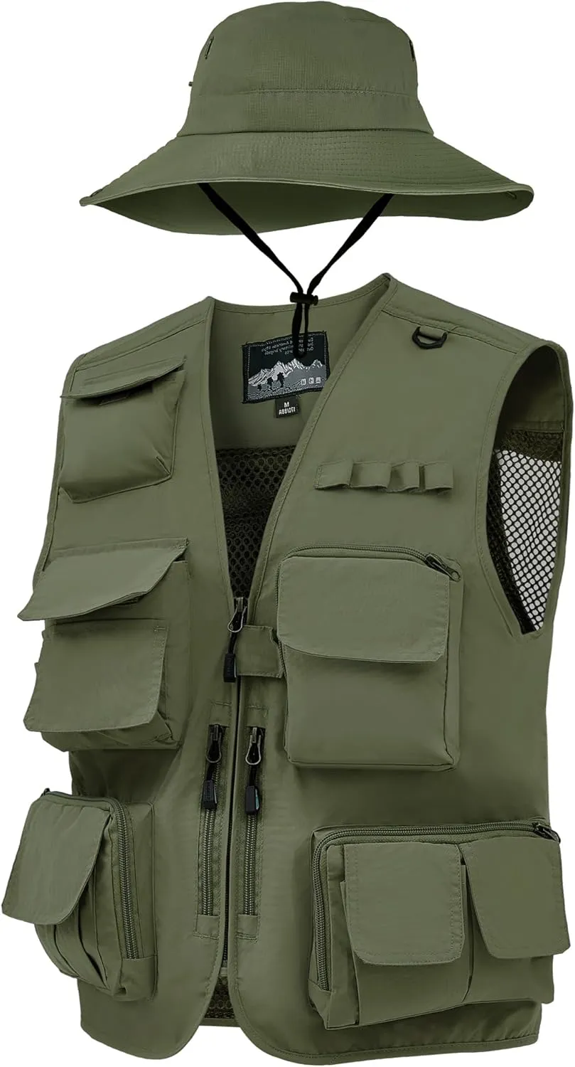 Shihanee 2 Pcs Fishing Vest and Hat for Men Multi Pocket Safari Vest Jacket for Outdoor Work Summer Travel Cargo Hunting