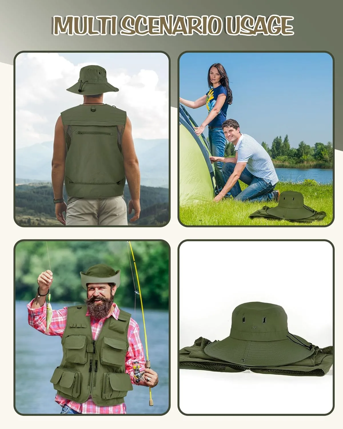 Shihanee 2 Pcs Fishing Vest and Hat for Men Multi Pocket Safari Vest Jacket for Outdoor Work Summer Travel Cargo Hunting